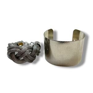 Lot of 2 Silvertone Bracelets Textured Cuff Braided Mesh Chain 7.25-8.5"